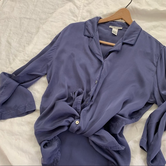100% Silk Blue Button Down Jillian Jones Sleep Top Sz L - Picture 9 of 12